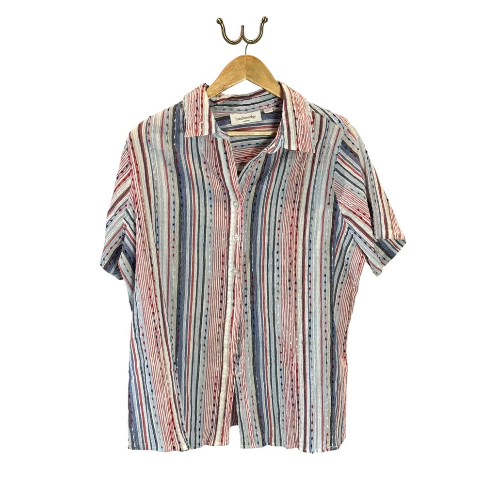 Breckenridge Woman Red Blue Striped Seersucker Button Down Tee 1X Americana